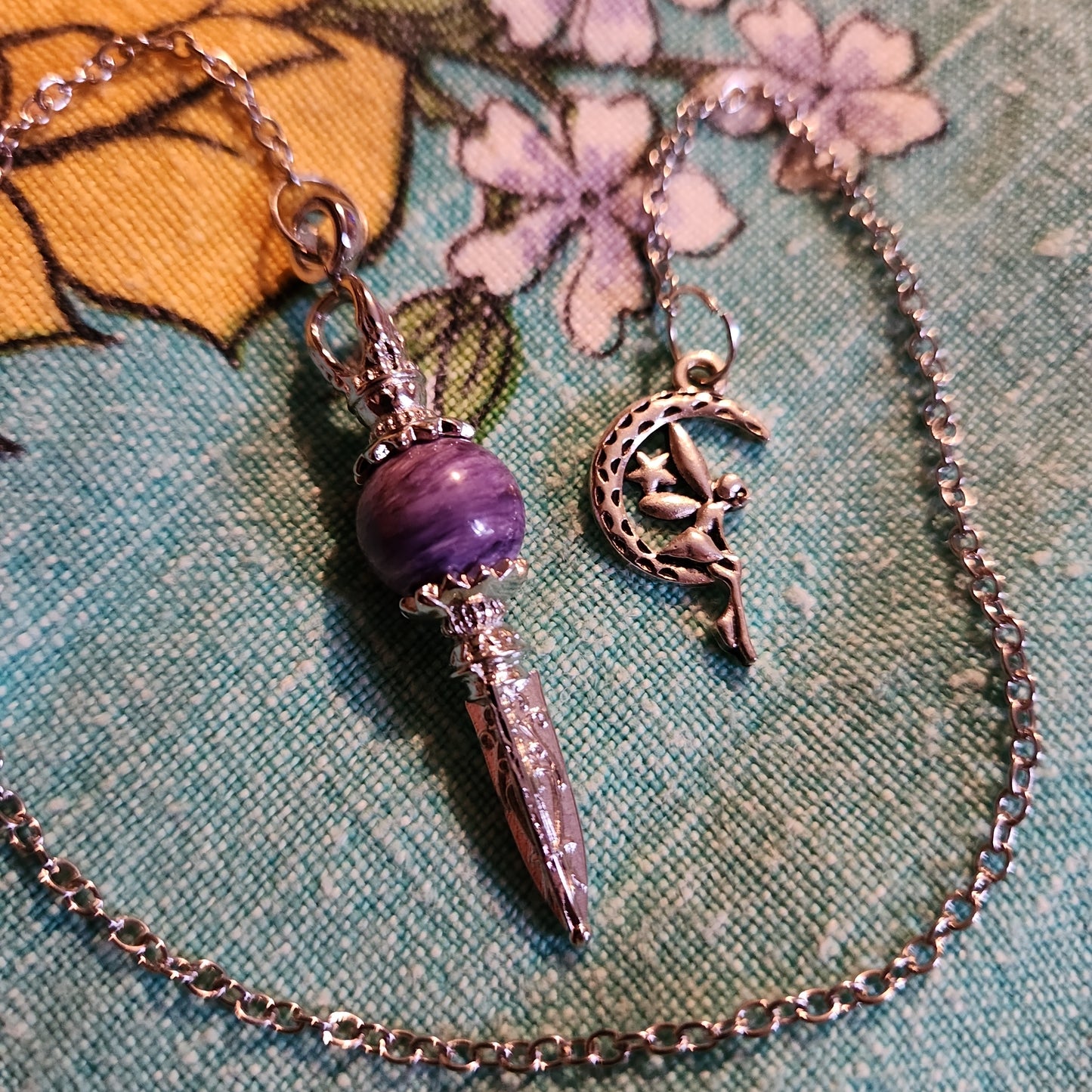 Charoite pendulum with moon fairy charm