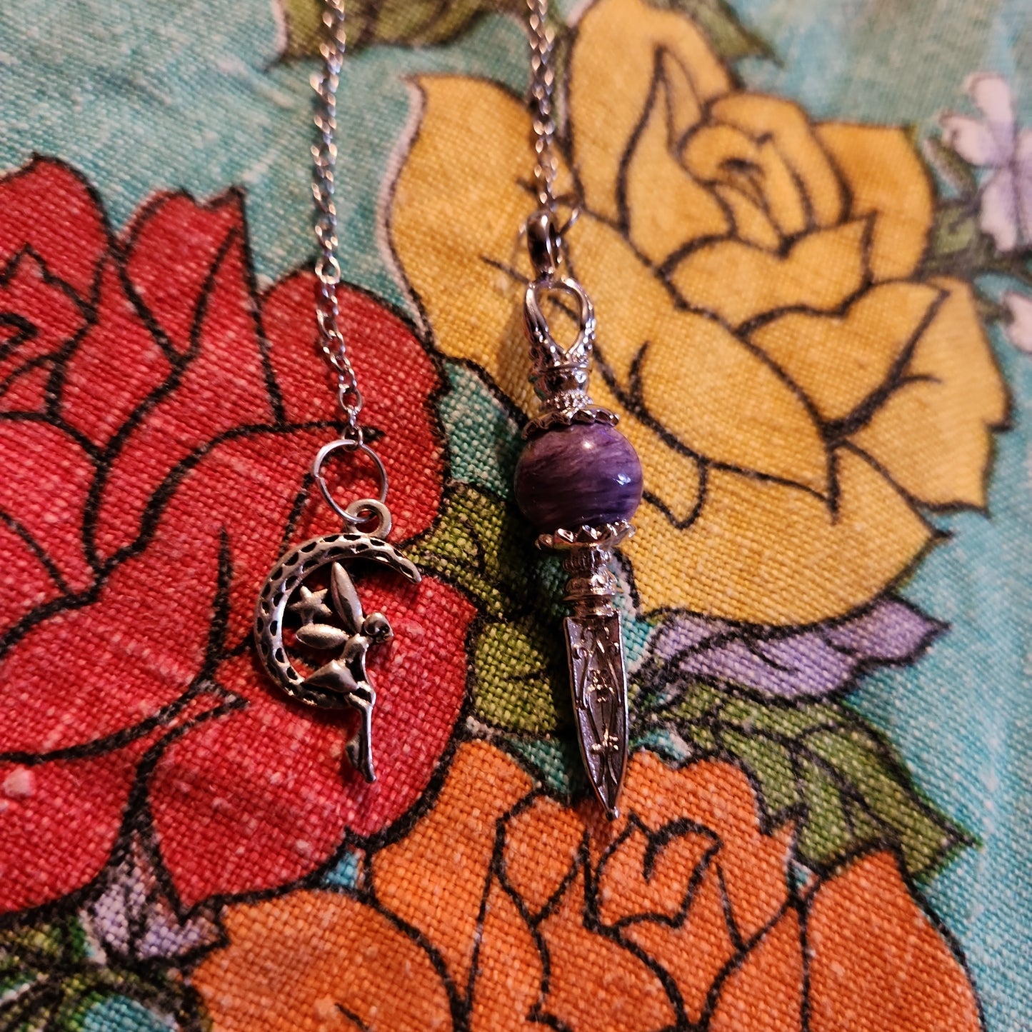 Charoite pendulum with moon fairy charm