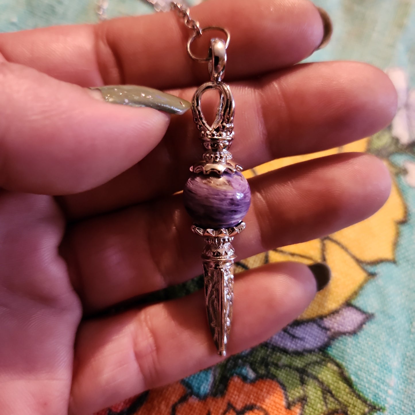 Charoite pendulum with moon fairy charm