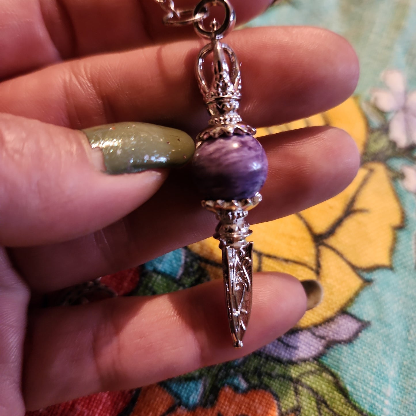Charoite pendulum with moon fairy charm
