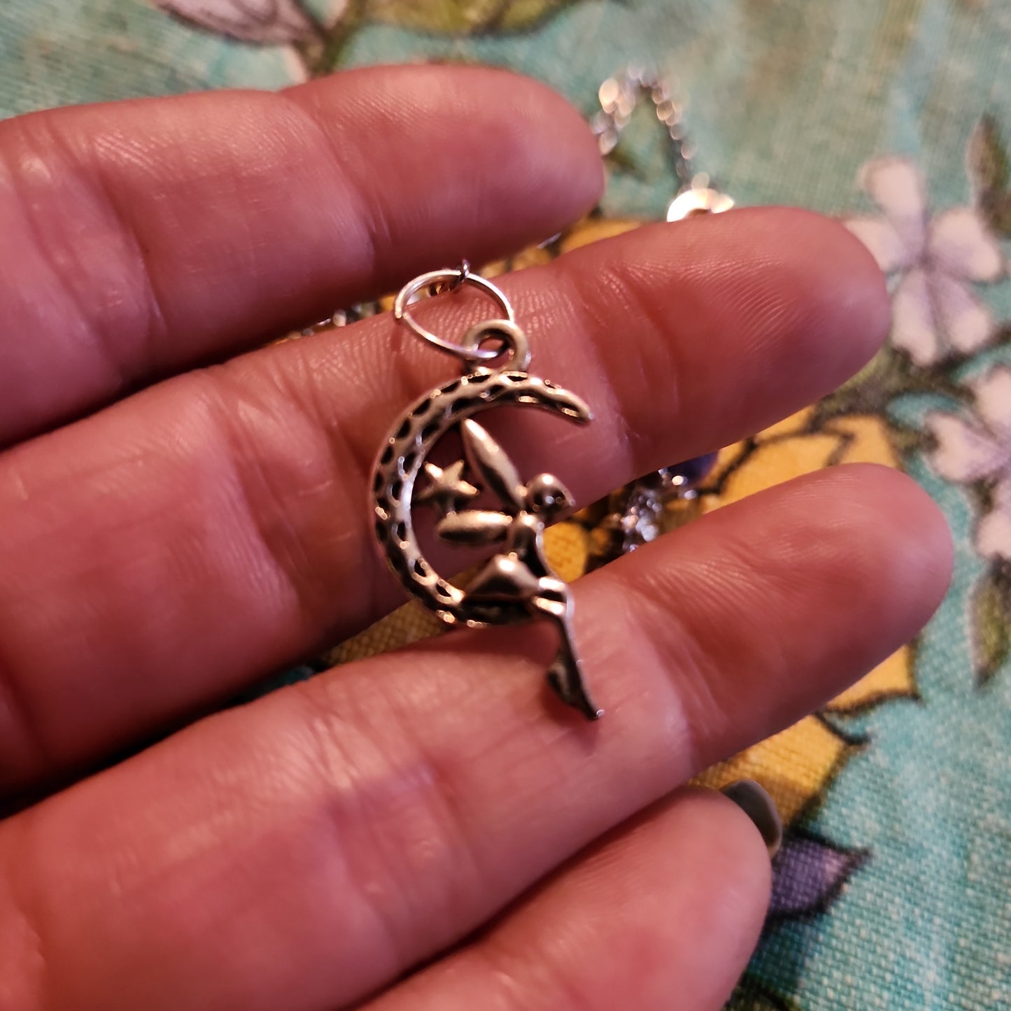 Charoite pendulum with moon fairy charm