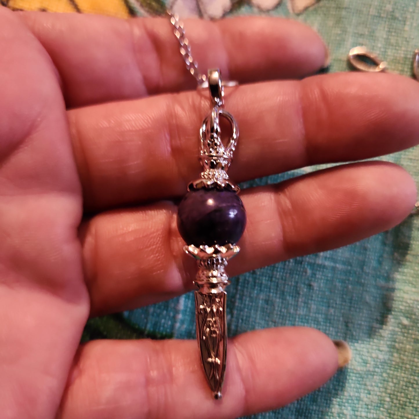 Charoite pendulum with leaf charm