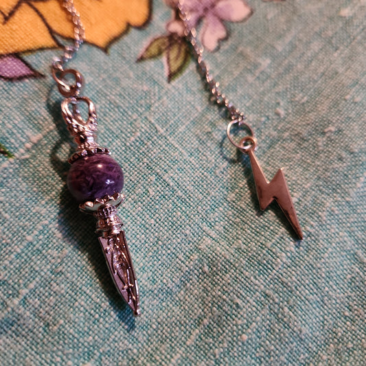 Charoite pendulum with lightening bolt charm