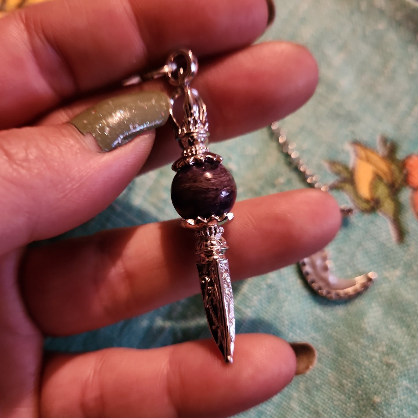 Charoite pendulum with moon charm