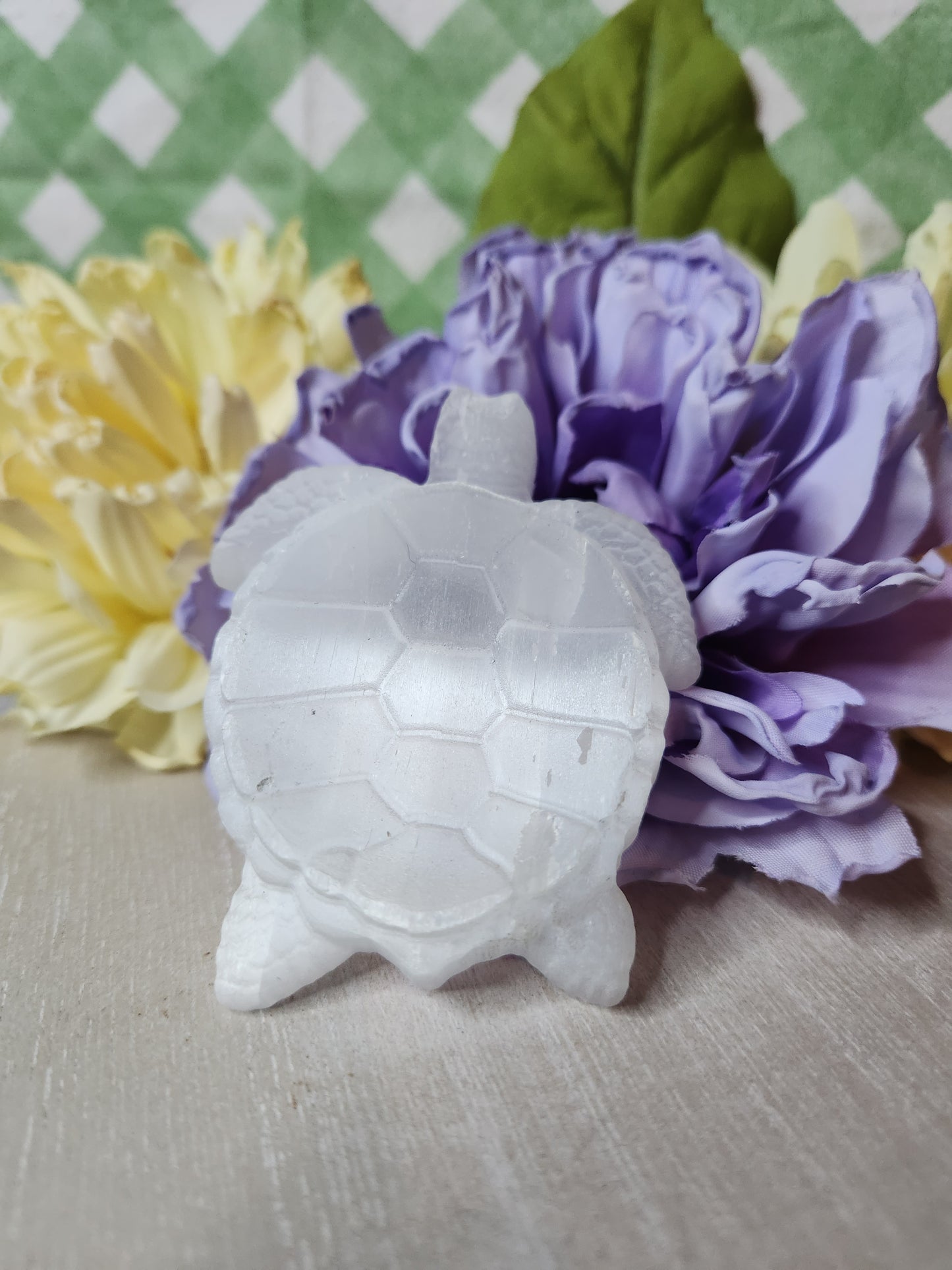 Satin spar turtle carving