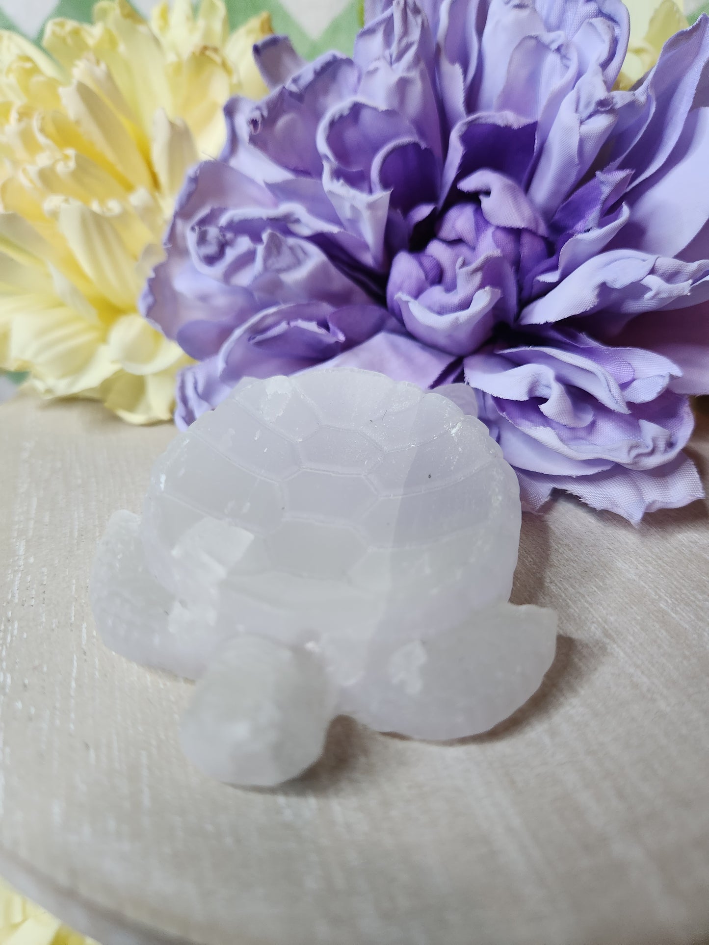 Satin spar turtle carving