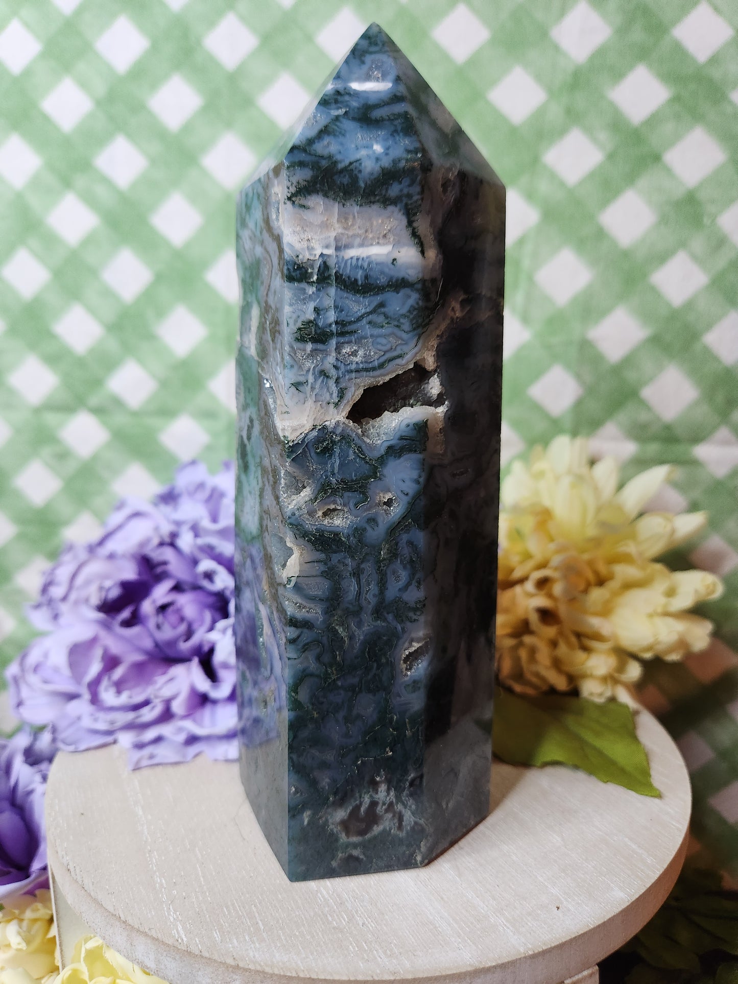 Statement moss agate tower with druzy