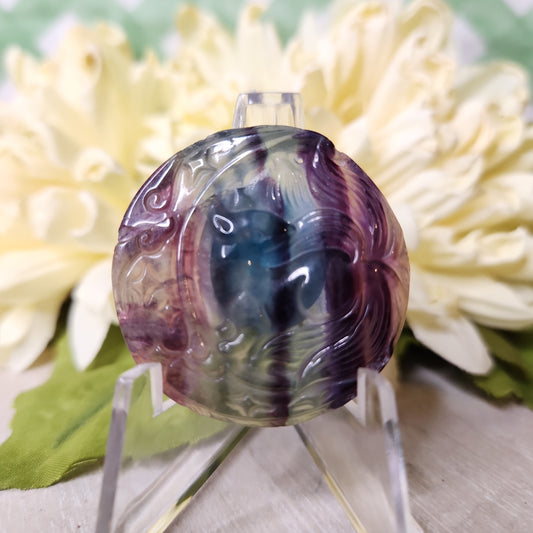 Fluorite moon and 9 tail fox coin carving
