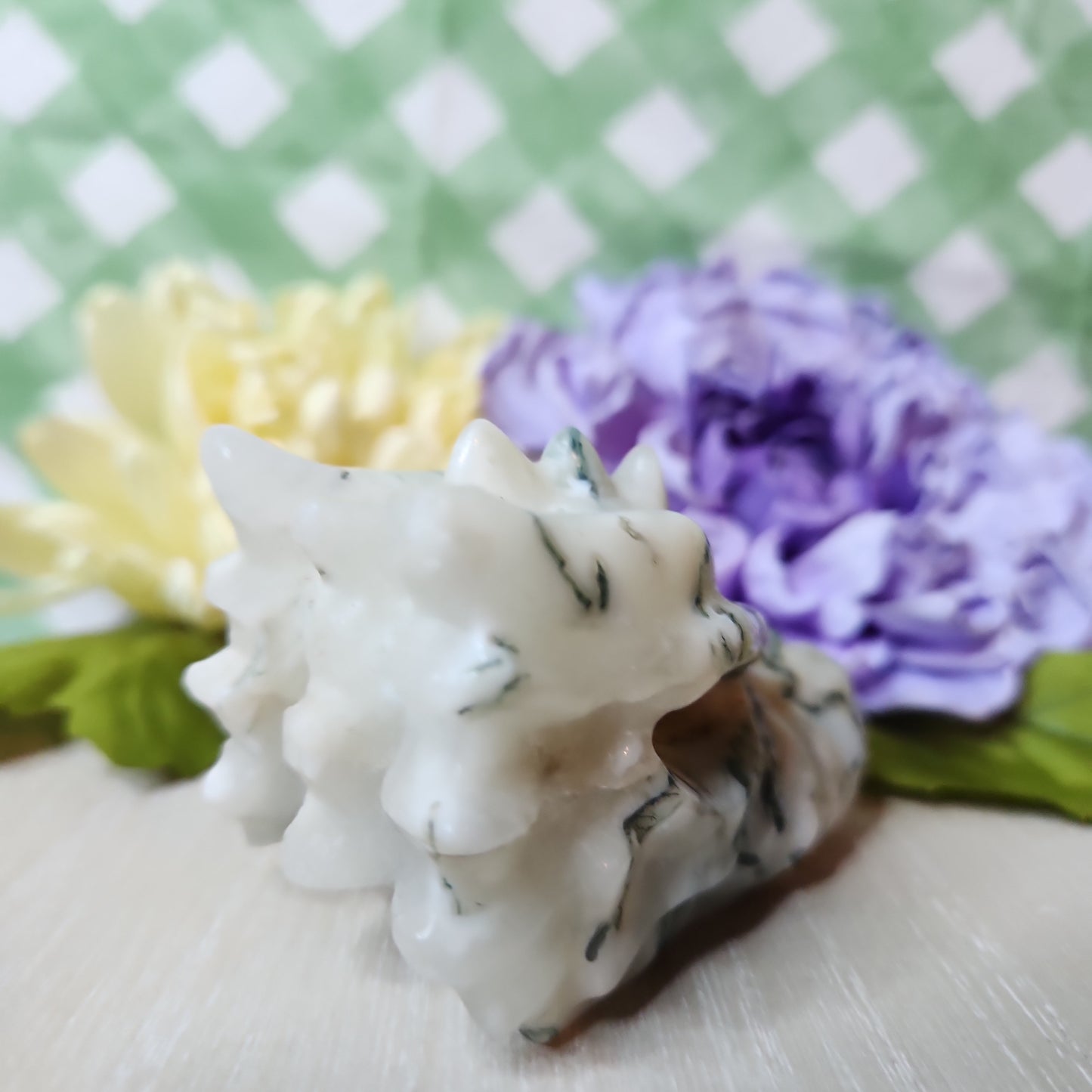 Moss agate dragon skull carving (a)