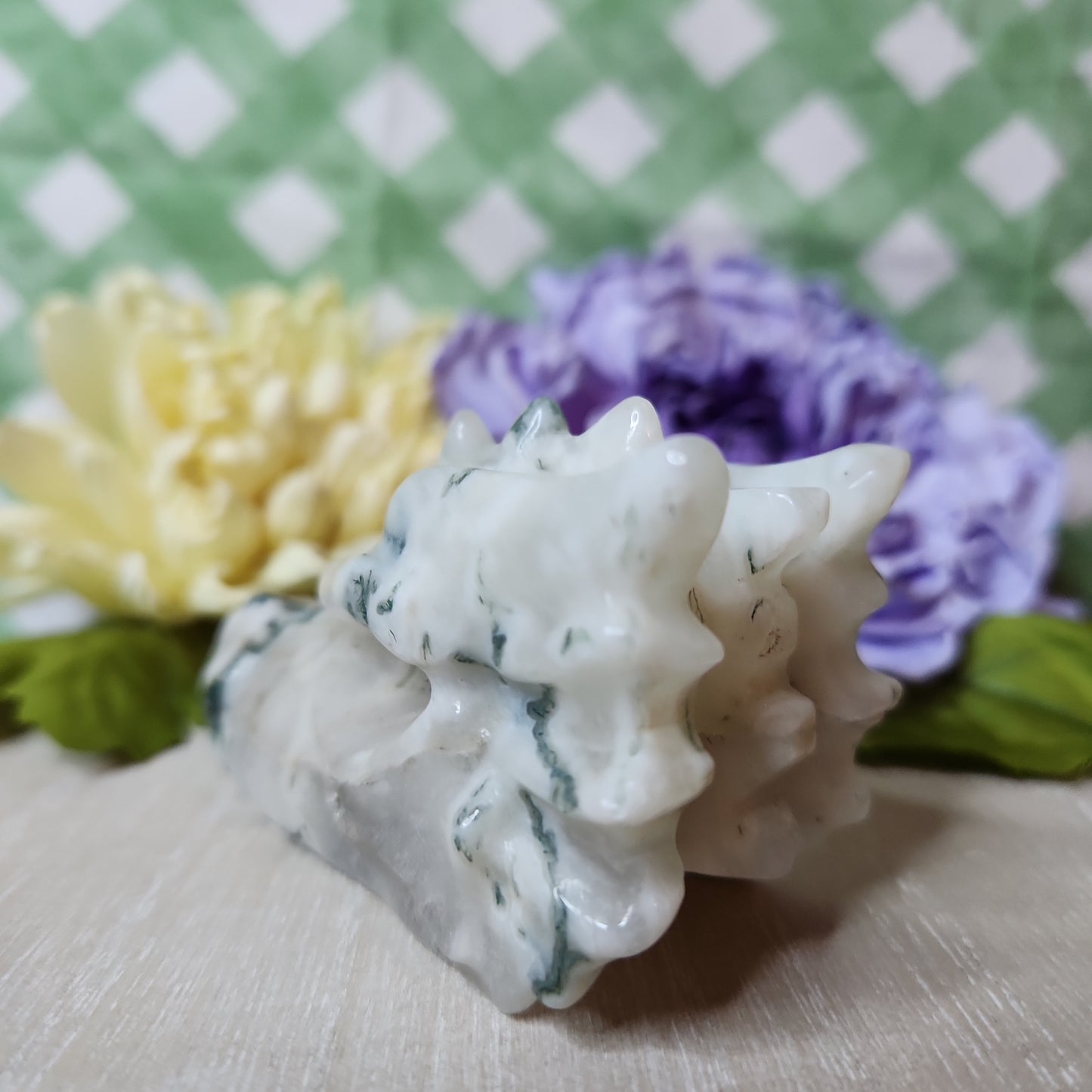 Moss agate dragon skull carving (a)
