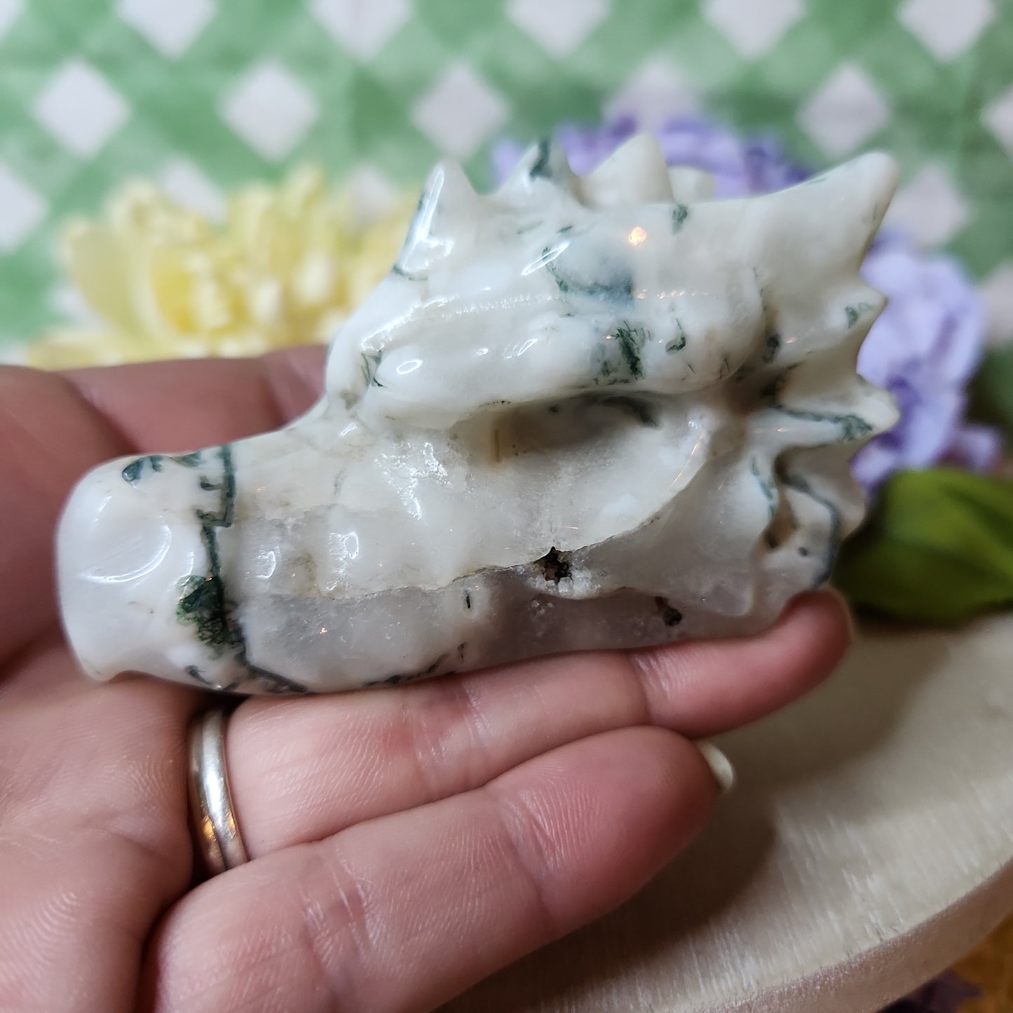 Moss agate dragon skull carving (a)