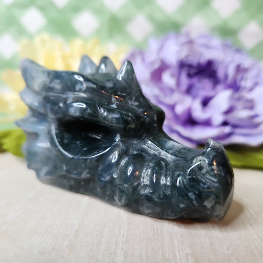 Moss agate dragon skull carving (b)