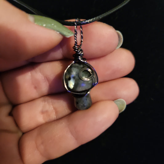 Larvikite mini mushroom wire wrapped pendant necklace