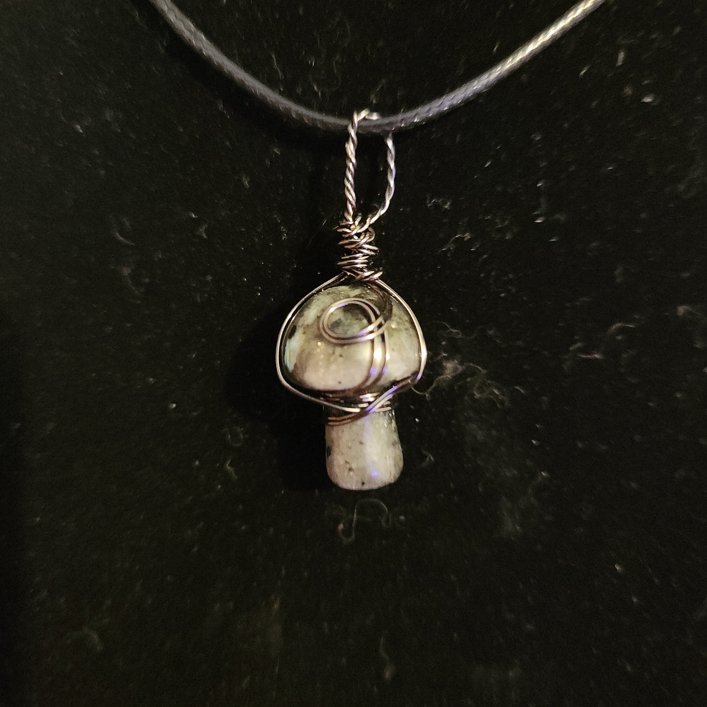 Larvikite mini mushroom wire wrapped pendant necklace