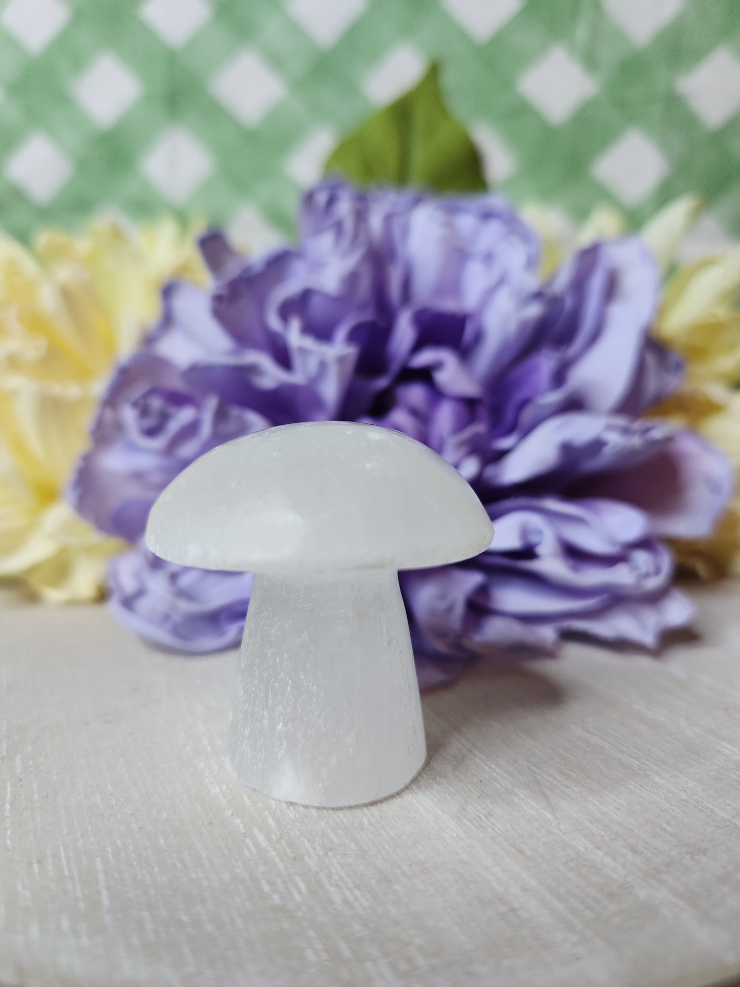 Satin spar mushroom carving