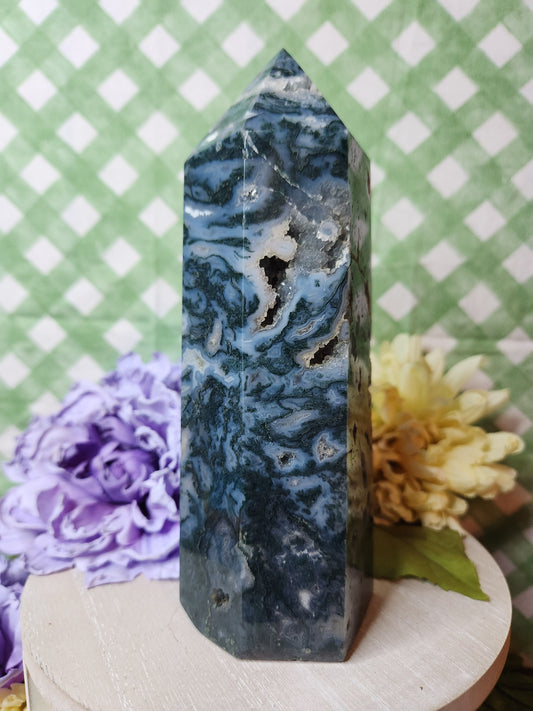 Statement moss agate tower with druzy