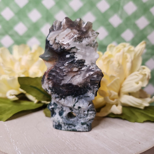 Moss agate sea horse carving