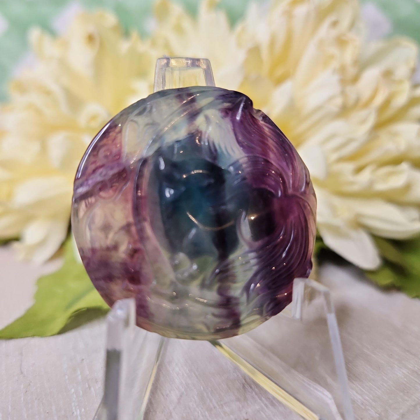 Fluorite moon and 9 tail fox coin carving
