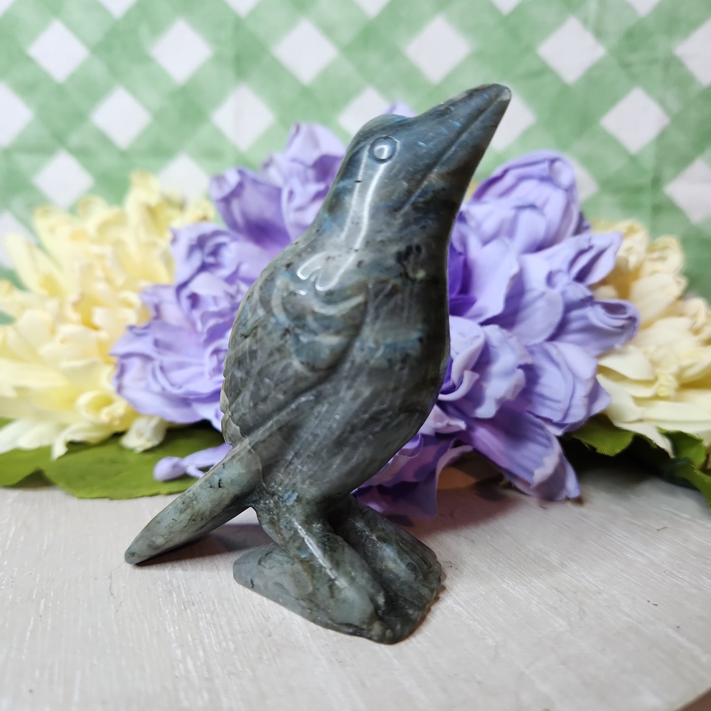 Labradorite crow carving