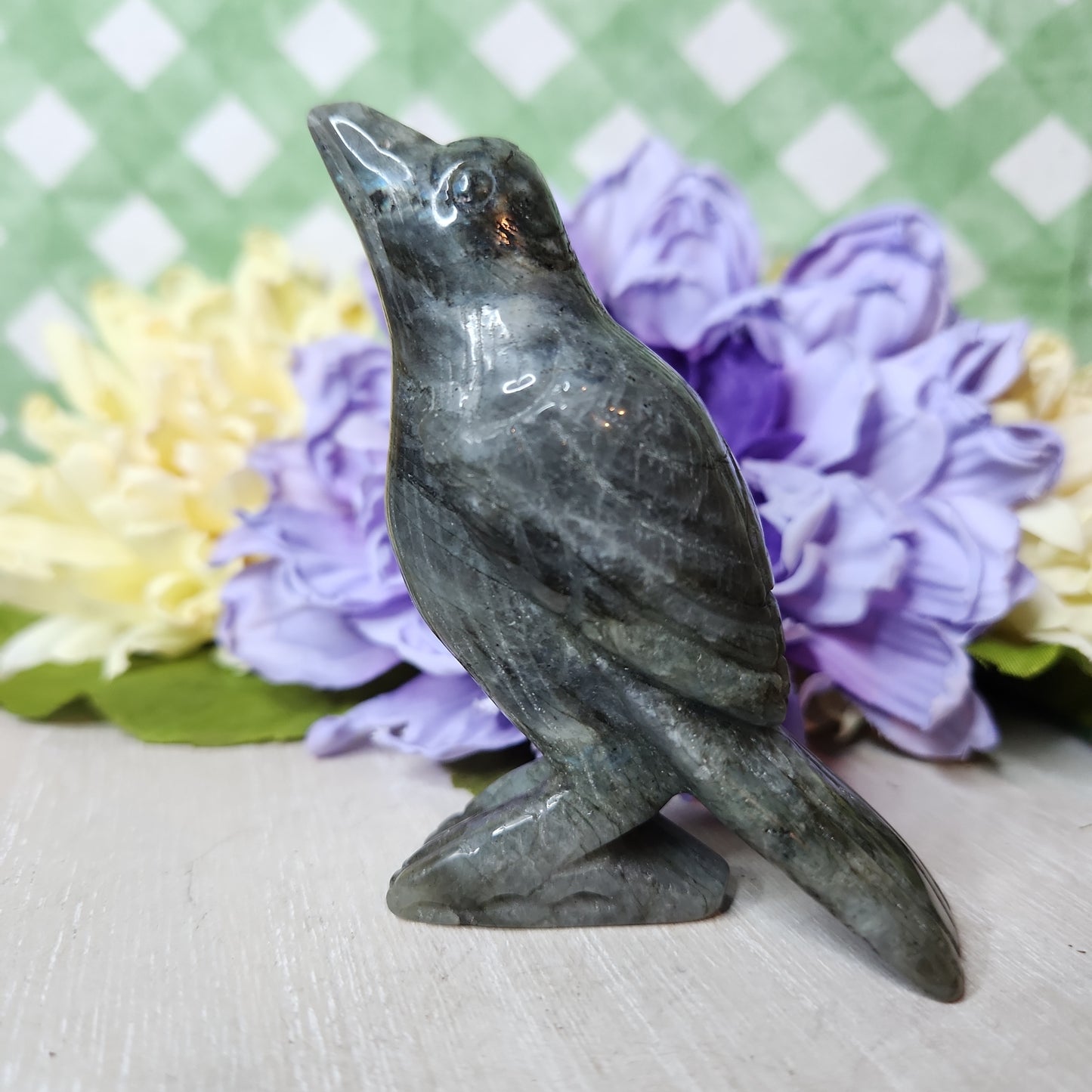 Labradorite crow carving