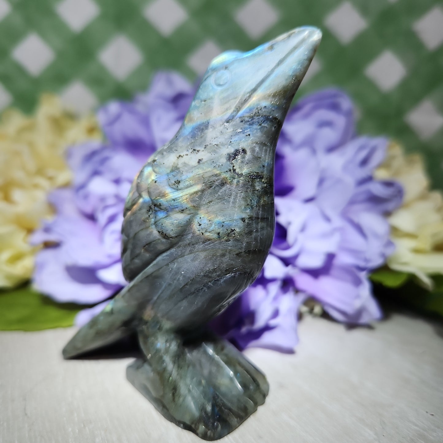 Labradorite crow carving