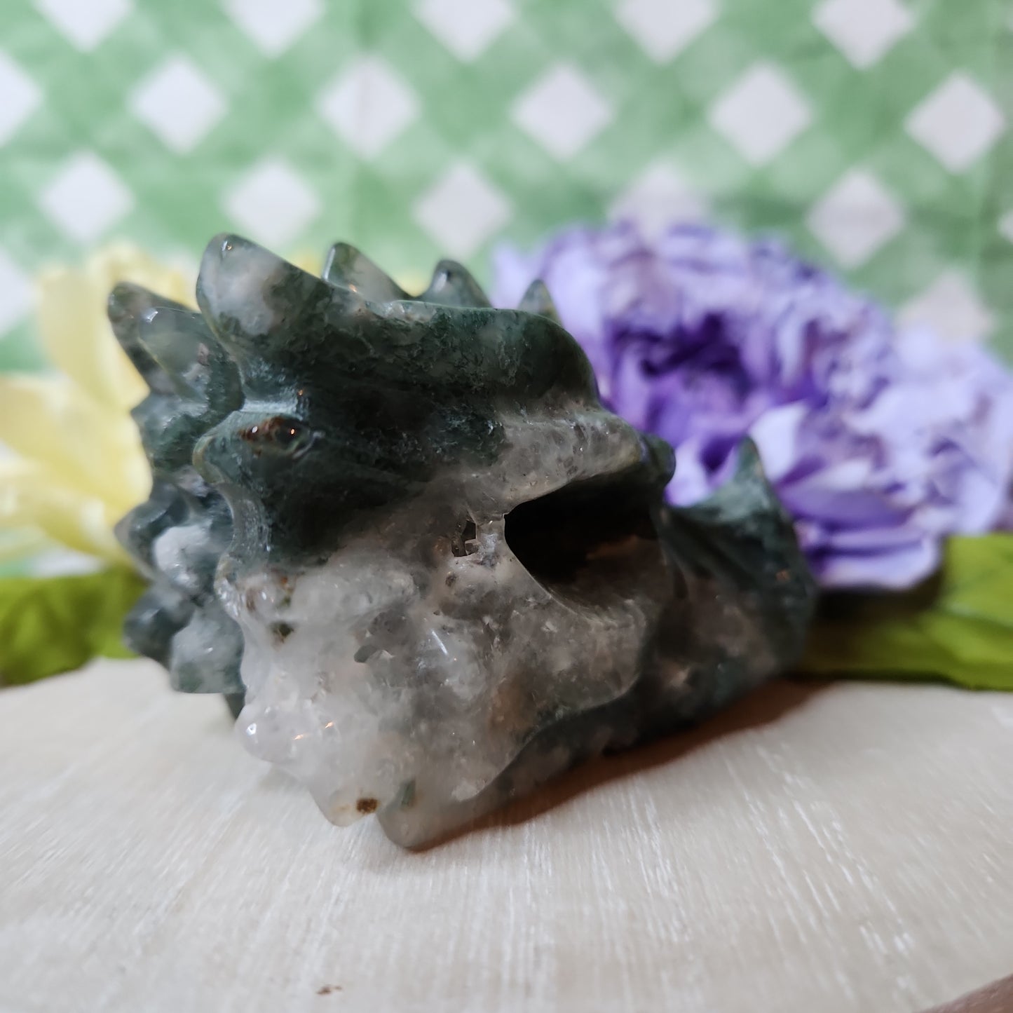 Moss agate dragon skull carving (c)