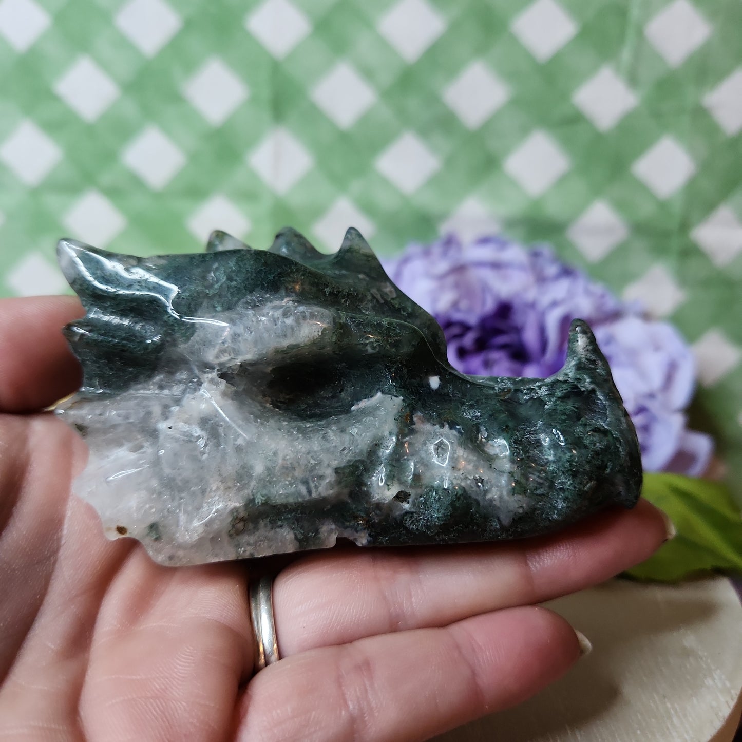 Moss agate dragon skull carving (c)